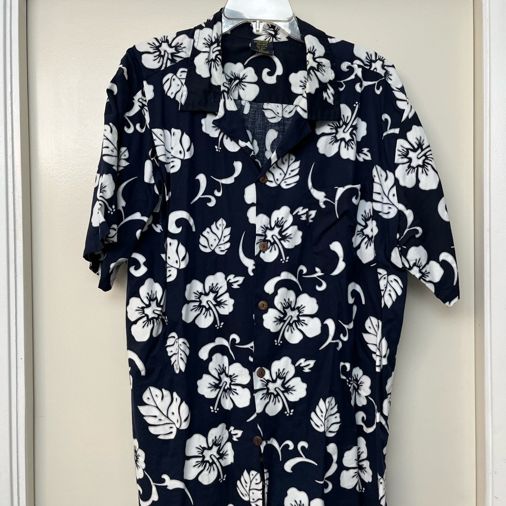 Hawaiian Floral Men's Shirt - Navy Blue and White 2XL